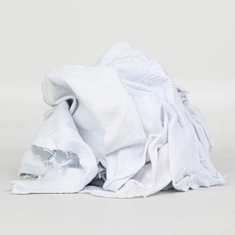 Bulk Cotton T Shirt Rags 5 Lb Box For Auto Shop Cleaning Low Lint Wiping Cloths piled up, white cotton material