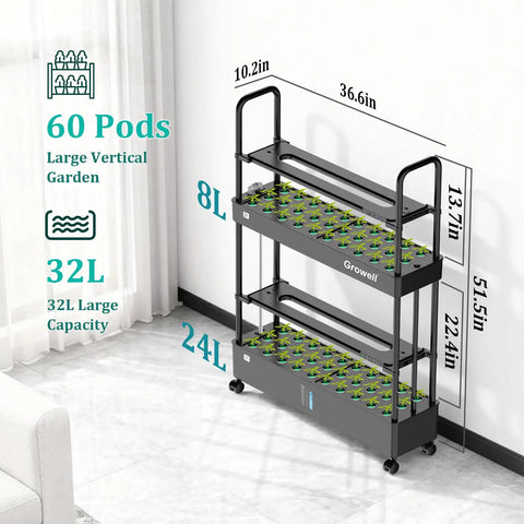 60 Pod Vertical Hydroponic Garden System With Smart Full Spectrum Grow Lights And Auto Water Circulation against wall