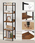 Keep Your Home Looking Fresh With This Five Tier Bookshelf, Tough As Nails Metal Standing Shelves For Tight Spaces, Rustic Brown And Black Storage Organizer That Always Delivers, featuring adjustable feet and anti-tip kit.