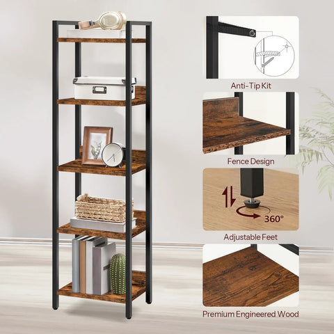 Keep Your Home Looking Fresh With This Five Tier Bookshelf, Tough As Nails Metal Standing Shelves For Tight Spaces, Rustic Brown And Black Storage Organizer That Always Delivers, featuring adjustable feet and anti-tip kit.