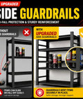 Heavy Duty Metal Garage Shelving Units With Side Guard 660 Lbs Per Shelf 3300 Lbs Total Capacity Rugged Boss Grade Tool Storage Racks For Garage Or Workshop, black steel rack with side guardrails