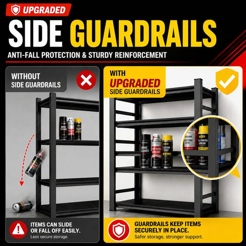 Heavy Duty Metal Garage Shelving Units With Side Guard 660 Lbs Per Shelf 3300 Lbs Total Capacity Rugged Boss Grade Tool Storage Racks For Garage Or Workshop, black steel rack with side guardrails