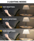 Go To Solar Table Lamp For Outdoor And Indoor Use With 3 Lighting Modes Eye Caring LED Waterproof Cordless Desk Lamp brightness levels.