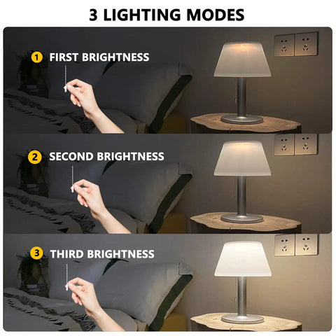 Go To Solar Table Lamp For Outdoor And Indoor Use With 3 Lighting Modes Eye Caring LED Waterproof Cordless Desk Lamp brightness levels.