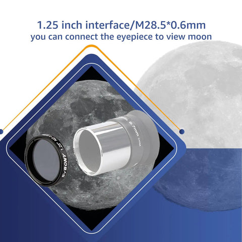 Dope 1.25 Inch Moon Filter Kit With ND4 ND8 ND16 ND1000 For Telescopes, Fits Eyepieces, shown with lunar background and eyepiece details.