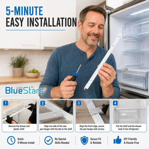 Man installing Left And Right Refrigerator Drawer Slide Rails Replacement Kit For Kenmore And Frigidaire, holding rail and screwdriver.