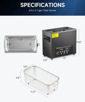 Specifications showing 6L Ultrasonic Cleaner With Degas, Heater And Digital Control, 180W Power, illustrating tank and basket size.