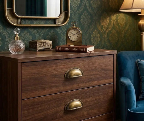 Three Inch Hole Center Antique Brass Cup Pulls Ten Pack Solid Metal Kitchen Cabinet Handles on a wooden dresser.