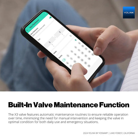 Person using smartphone app for built-in valve maintenance function with NSF Certified Potable Water Three Quarter Inch Smart Motorized Stainless Steel Ball Valve With LoRa Long Range 10 Year Battery D2D Offline Leak Sensors Alexa IFTTT Home Assistant Compatible Hub Required.