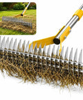 Dual Sided 15 Inch Dethatching Rake With Sharp Steel Tines And 70 Inch Adjustable Handle For Lawns Manual Scarifier shown in use on lawn.