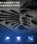 Beefy 14 Piece 1/4 Inch Impact Socket Adapter Kit With Universal Joints And Angle Drill Attachment Includes 8 Extension Bars From 65mm To 150mm Retractable Magnetic Bit Holder Heavy Duty Versatile Driver Accessory Set, laid out for drill, impact driver, and ratchet use