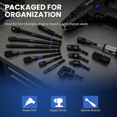 Beefy 14 Piece 1/4 Inch Impact Socket Adapter Kit With Universal Joints And Angle Drill Attachment Includes 8 Extension Bars From 65mm To 150mm Retractable Magnetic Bit Holder Heavy Duty Versatile Driver Accessory Set, laid out for drill, impact driver, and ratchet use