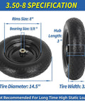 14.5 Inch Wheelbarrow Tire And Wheel With 5/8 Inch Axle Bore, Flat Free Solid Tire For 4.80/4.00-8, 3.50-8, And 4.00-6 Inches, shown in two views with dimensions labeled