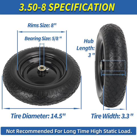 14.5 Inch Wheelbarrow Tire And Wheel With 5/8 Inch Axle Bore, Flat Free Solid Tire For 4.80/4.00-8, 3.50-8, And 4.00-6 Inches, shown in two views with dimensions labeled