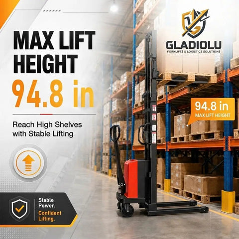 Heavy Duty Semi Electric Pallet Stacker With 3300 Lbs Capacity And 94 Inch Lift Height Built Dang Tough For Warehouse Crews.
