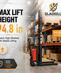 Heavy Duty 3300 Lbs Capacity Semi Electric Pallet Stacker With Rugged Carbon Steel Build and Smooth Maneuvering To Bust Through Your Hardest Shift next to stacked shelves, max lift height 94.8 in.