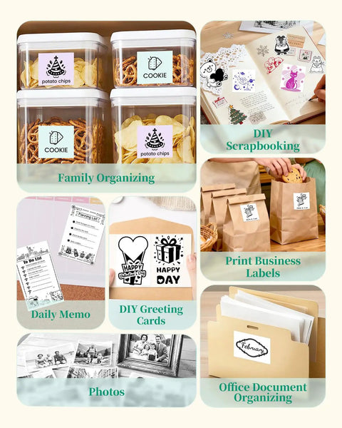 Compact T02 Mini Sticker Printer With Bluetooth Label Maker Inkless Thermal Printer For Photos And Notes Portable Sticker Box Kit applications shown, including family organizing, DIY scrapbooking, and greeting cards.