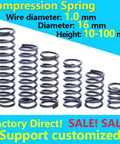 Ten Pieces Carbon Steel Coil Springs Set For DIY Projects And Repairs, 1.0mm Wire, 16mm Outer Diameter, 50mm Length, Displayed.