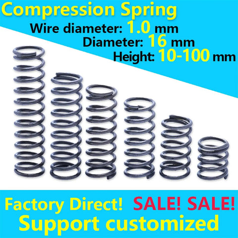 Ten Pieces Carbon Steel Coil Springs Set For DIY Projects And Repairs, 1.0mm Wire, 16mm Outer Diameter, 50mm Length, Displayed.