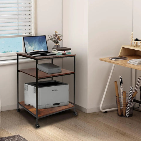 Top Shelf Premium Steel Frame 3 Tier Printer Stand Beefy Rolling Cart for Laser Inkjet Machines with Dead Simple Adjustable Shelves Swanky Lockable Wheels Nifty Desk Supply Holder Rack in home office setup.