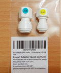 Faucet Adapter Quick Connect for Reverse Osmosis, 1/4 inch and 3/8 inch sizes, white plastic, packaged for installation.