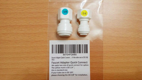 Faucet Adapter Quick Connect for Reverse Osmosis, 1/4 inch and 3/8 inch sizes, white plastic, packaged for installation.