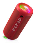 Red 24W Bluetooth Speaker with deep bass, dual pairing, IPX7 waterproof, Bluetooth 5.3, LED lights, 30 hour playtime, wireless stereo pairing.