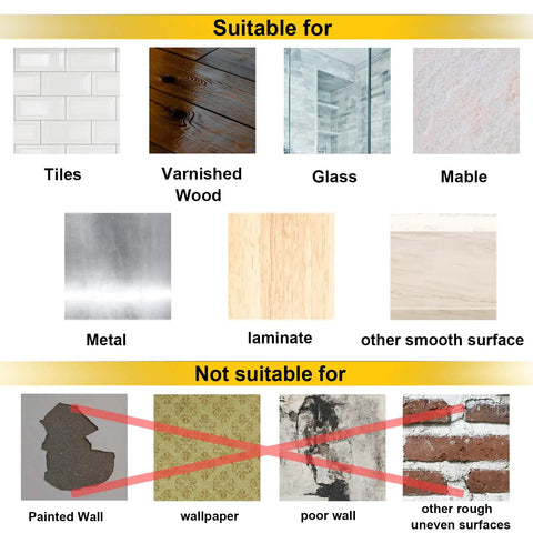 Surface suitability guide for Heavy Duty Adhesive Hooks 2 In 1 No Drill Wall Mount Shelf Hangers, showing compatible and incompatible surfaces.
