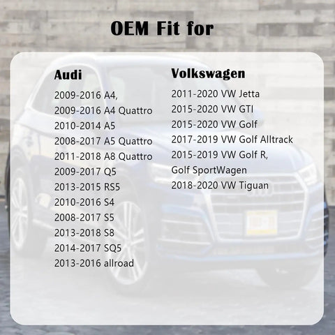 Gas Cap Fuel Cap Replacement For Audi And Volkswagen Vehicles Compatible With 2009 To 2017 A4 A5 Q5 S4 S5 S8 RS SQ5 Allroad Quattro Models Premium Quality Plug And Play Easy Fit No Hassle Install Check Part Numbers 5C0 201 550 T 8K0201550N displayed with model compatibility list.