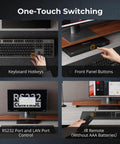 One-Touch Switching features for Top Shelf Heavy Duty 16 Port HDMI KVM Switch Rack Mount Console with keyboard, front panel, and remote control.