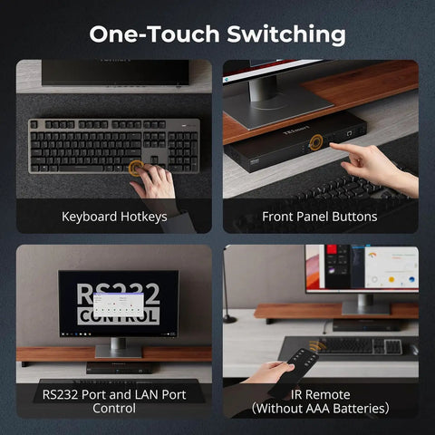 One-Touch Switching features for Top Shelf Heavy Duty 16 Port HDMI KVM Switch Rack Mount Console with keyboard, front panel, and remote control.