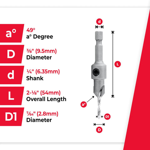 Heavy Duty Top Shelf Countersink Drill Bit 1/4 Quick Release Hex Shank 82 Degree Taper specs showing dimensions and angles.