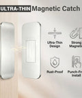 8 Pack Ultra Thin No Drill Magnetic Cabinet Door Catches With Invisible Adhesive Tape For Kitchen Cupboard And Bathroom Drawer Hardware shown mounted with ultra-thin design.