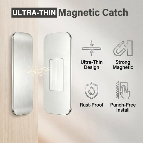8 Pack Ultra Thin No Drill Magnetic Cabinet Door Catches With Invisible Adhesive Tape For Kitchen Cupboard And Bathroom Drawer Hardware shown mounted with ultra-thin design.