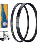 Starter Generator Belt And Clutch Drive Belt Kit For EZGO TXT Medalist 4 Cycle Gas Golf Cart 1994 To 2013 With 295cc And 350cc Robin Engine Replacement Belts 26414 G01 630587 72054 G01 72024 G01 72025 G01, showing two black belts with packaging and golf cart