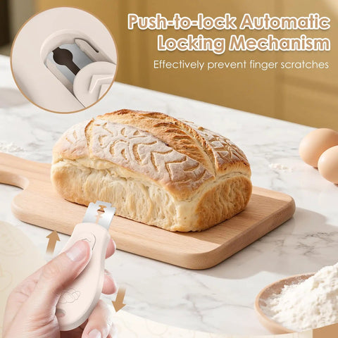Person using Beige Magnetic Bread Lame to score sourdough with push-to-lock mechanism on wooden board.