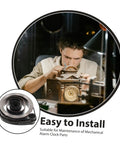 Person repairing clock using Vintage Mechanical Alarm Clock Repair Kit With Steel Spring Drill Press Quill Pro Grade Clock Components