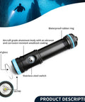 Diagram of Beast Bright 2200 Lumens Dive Light with labeled parts, metal body, and waterproof features for underwater use