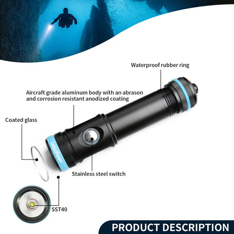 Diagram of Beast Bright 2200 Lumens Dive Light with labeled parts, metal body, and waterproof features for underwater use