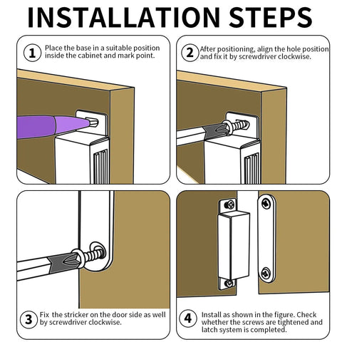 Installation steps for Hassle Free Magnetic Cabinet Door Catch 8 Pack Slick Bronze Finish Rust Proof Stainless Steel Latch.