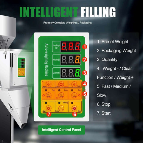 Intelligent control panel of Heavy Duty Stainless Steel Automatic Filling Machine For Tea Seeds Coffee Beans Grains And More Dual Vibration Particle Weighing Filler Adjustable 10 To 999 Gram Range Bag And Bottle Filler 110V 200W with digital display and functions