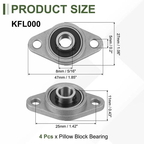 4 Pack KFL08 Pillow Block Bearings 8mm Inner Diameter Self Aligning Mounted Flange Bearing Zinc Alloy Steel ABEC5 with dimensions