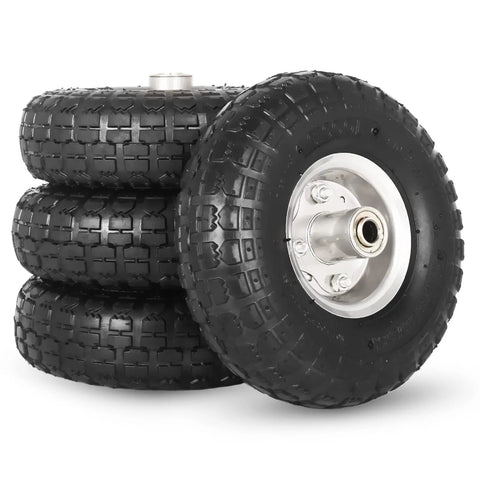 4.10/3.50-4 Inch Tire And Wheel Set Beefed-Up 10 Inch Pneumatic Wheel, 4 Pack With 2 1/4 Inch Offset Hub And 5/8 Inch Axle Bore