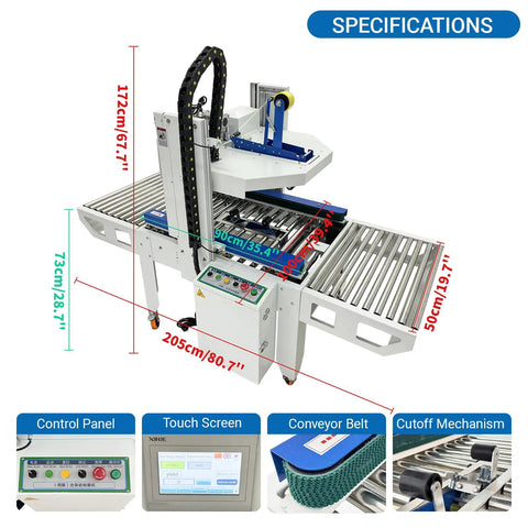 Full Automatic Double Flap Box Sealer With Servo Motor Self Adjusts To Carton Sizes Instantly For High Speed Logistics And Ecommerce Packaging Lines Handles Up To 1000 Boxes Per Hour Effortlessly with control panel, touch screen, and conveyor belt.