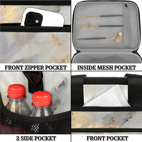 Inside and outside pockets of Glossy Marble Grey Insulated Picnic Backpack Lunch Box For Women And Men Grab And Go Tote Lunch Bag