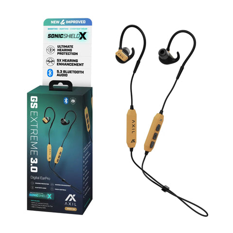 Desert Tan Shooting Ear Protection Bluetooth Earbuds With Hearing Enhancement And Noise Isolation, GS Extreme 3.0, earbuds and packaging