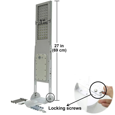 Solar Street Light With Motion Sensor Three Mode Outdoor Lighting for dusk to dawn showing dimensions and locking screws