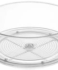 Clear Round Lazy Susan Turntable for Kitchen Storage, 9 Inch Spin Organizer shown empty, BPA-free plastic, smooth spin for jars spices.