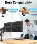 Heavy Duty Dual Monitor Desk Mount For 17 To 32 Inch Screens Featuring Gas Spring Height Adjustment and clamp mounting details.