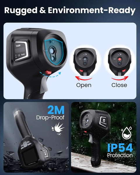 Dope Handheld Thermal Imager With 3 Point 5 Inch IPS Screen And 512 By 384 IR Resolution For Electrical HVAC And Building Inspections Fusion Imaging And 2MP Visible Camera Range From Minus Four To 1022 Fahrenheit shown with IP54 protection and 2M drop resistance.